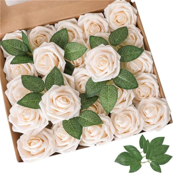 Artificial Flower Champagne Rose 25pcs Real Looking Fake Roses w/Stem for DIY - Picture 1 of 6